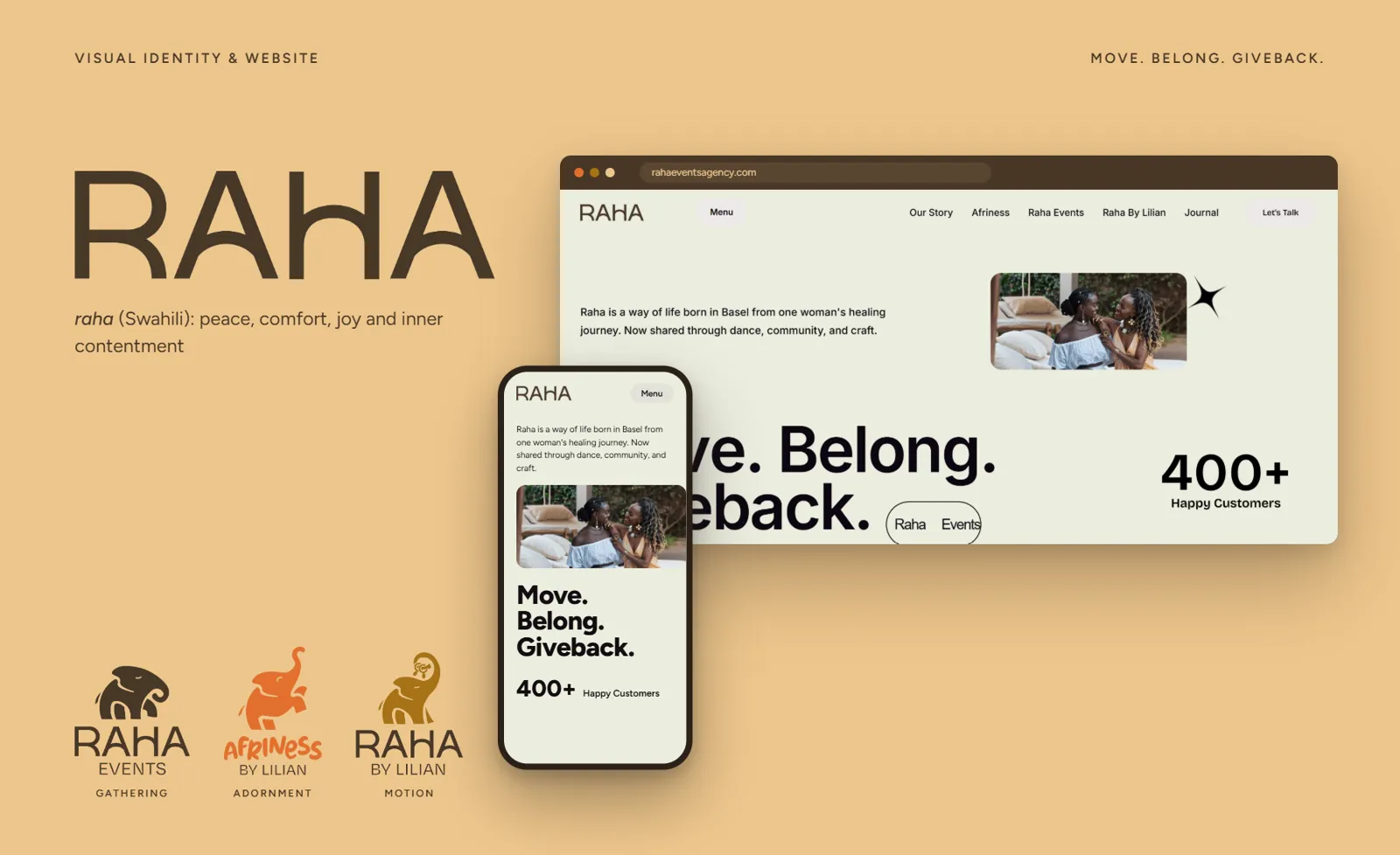 Raha visual identity and website on laptop and phone